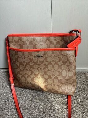 Coach Brown Signature Crossbody with Coral Trim